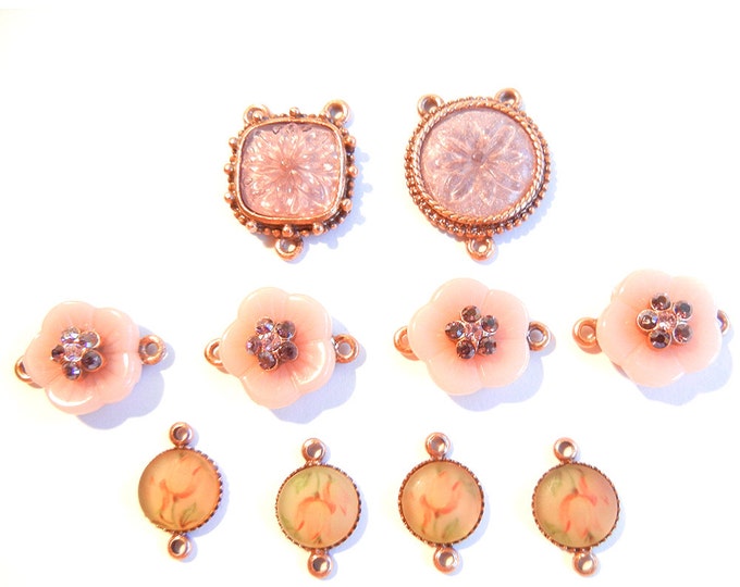 Set of 10 Resin Pink Flower Themed Multi Link Charms Copper-tone