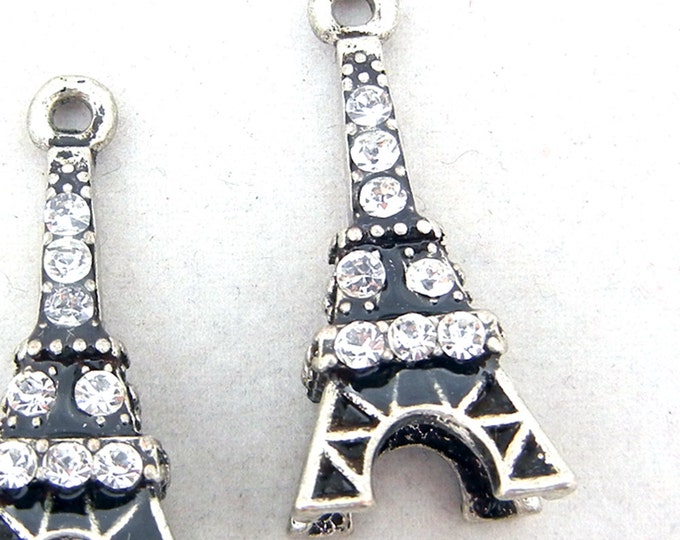 Pair of Antique Silver-tone Eiffel Tower Charms Topaz Rhinestones