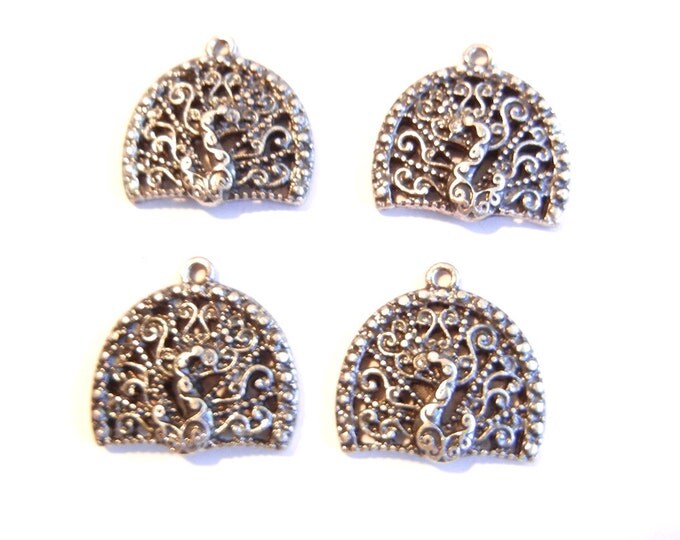 2 Pairs of Small Peacock Charms Antique Silver-tone