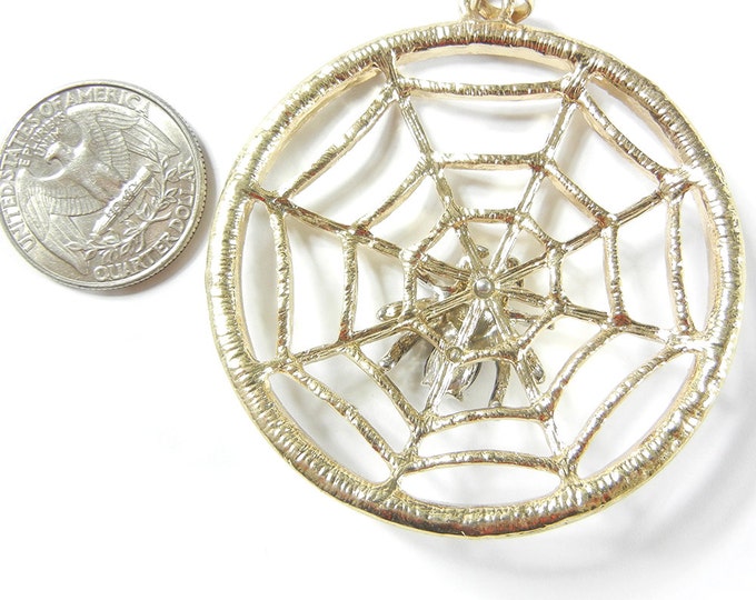 Large Round Spider Web Pendant Silver-tone Spider Rhinestone Edge Pendant