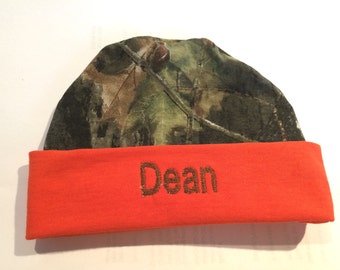 Personalized Camouflage Camo for Boy or Girl Newborn Baby Hat with orange trim Embroidered