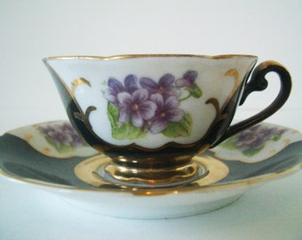 Vintage Demitasse Cup and Saucer with Violets/Occupied Japan
