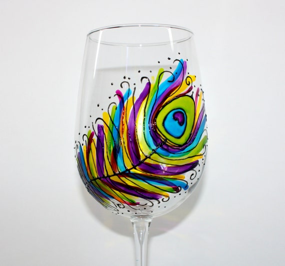 Peacock Feather Hand Painted Wine Glass by TheTattooedButterfly