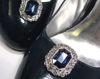 Blue Shoe Clips with White Rhinestones Midnight Blue Dark Navy Blue Octagon Shape 1 Pair Prom Wedding Jewels for Shoes Bride Accessories