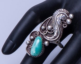 Long Turquoise Pawn Ring - Vintage Native American - 70s Navajo - sz 11 3/4