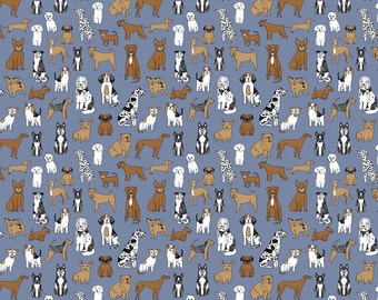 Happy dogs - tiny version fabric designed by Andrea Lauren - Blue Brown Puppy Dogs Small Print Cotton Fabric by the Yard with Spoonflower