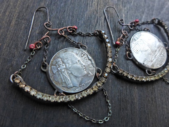 Circumlunar. Mixed media chandelier earrings with vintage coins.