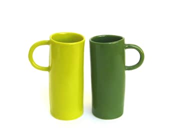 two whimsical hand built porcelain cups ... green and chartreuse ... pair of tall cups