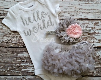 Hello World Take Home Outfit Baby Girl Take Home Outfit Newborn Baby Girl Bodysuit Grey Bloomers Pink & Grey Headband Set