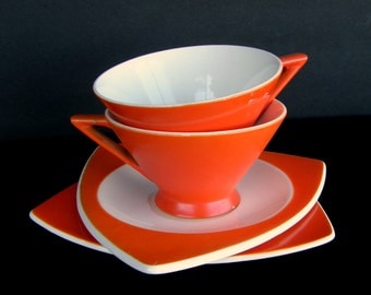Atomic Art Deco Cups & Saucers: Set of 2 Salem Streamline/Tricorne in Mandarin Orange - Priced by Condition