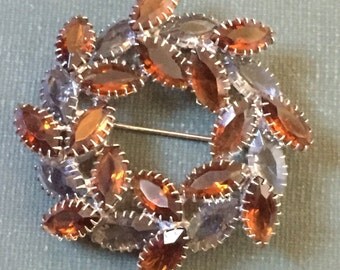 Rhinestone Circle Brooch Topaz Gray Marquis Prong set Vintage 1950s 1960s