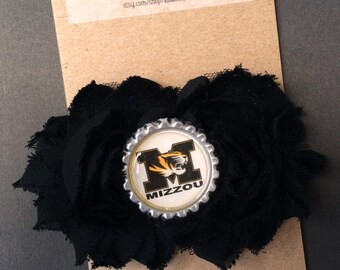 Mizzou Bottle Cap Shabby Flower Headband - Baby Headband - Girls Headband - Flower clip