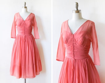 50s chiffon dress, vintage 1950s coral pink chiffon party dress, small