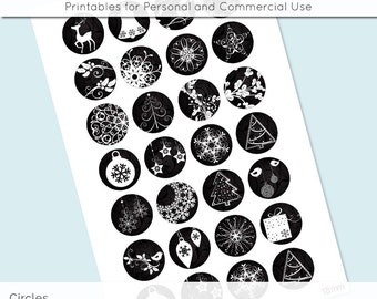 Christmas Black and White Digital Collage Sheet Circle 18mm 16mm 14mm 12mm Circle Round on 4x6 8.5x11 Sheets for Earrings Image