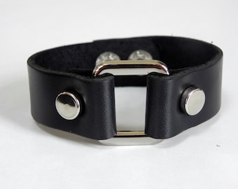 Black Leather Cuff Leather Bracelet with Rectangle Metal Silver Tone