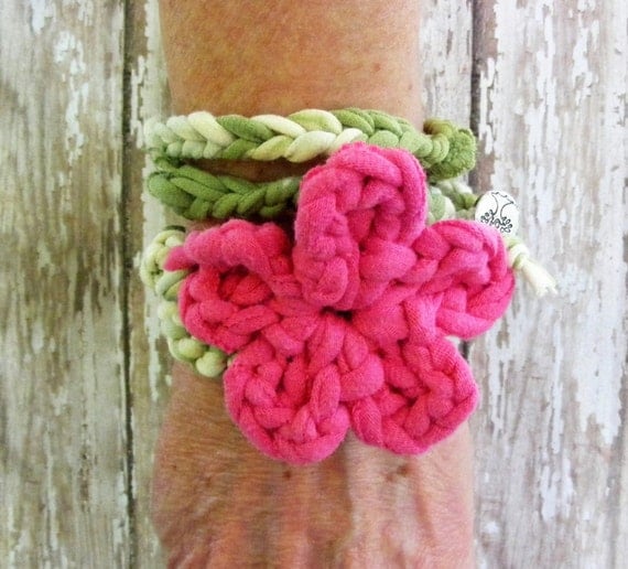 Woven Wrap Bracelet T-Shirt Yarn Crocheted Flower Pink and Green