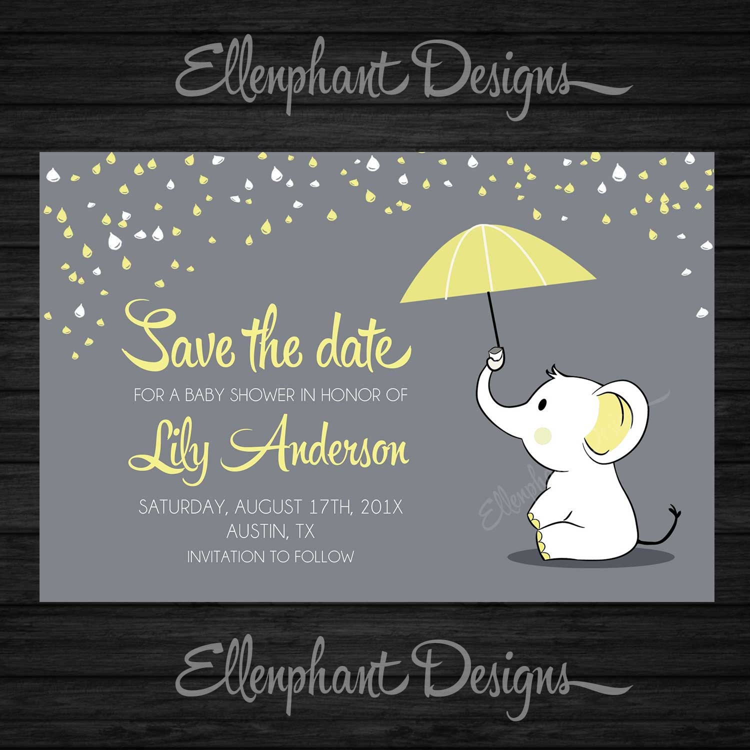 Save the date Yellow elephant Baby Shower umbrella rain