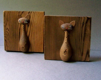 vintage wood cat bookends