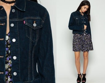 Levis Denim Jacket 90s Jean Jacket Levi Denim Jacket Cropped 80s Fitted Coat 1990s Vintage Hipster Women Tiny Fit Dark Blue Retro Small XS