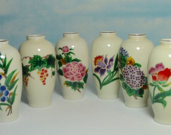 Vintage Set of 6 Gorgeous Ceramic Vases with Different Flower /Fruit on Each. Homco. Japan.