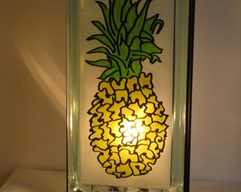 Glass Block PINEAPPLE lamp upcycled handmade night light FREE SHIPPING, kitchen lamp, shower gift, wedding gift, Hawaiian lamp, barware