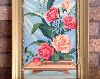 Vintage Paint By Number Still Life with Roses Framed
