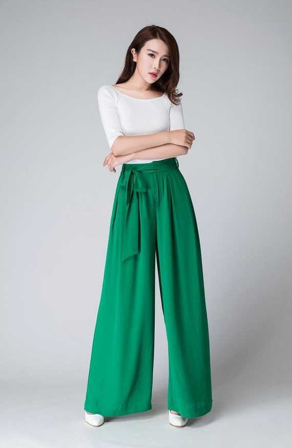 wide leg pants Green chiffon pants maxi women's pants