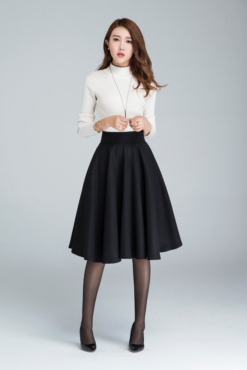 Wool Circle Skirt Black Skirt Pleated Skirt Knee Length