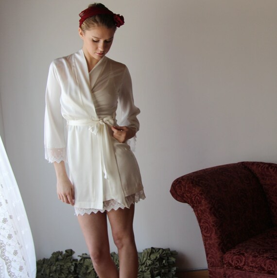 bridal silk robe with embroidered lace trim sleeves ALICE