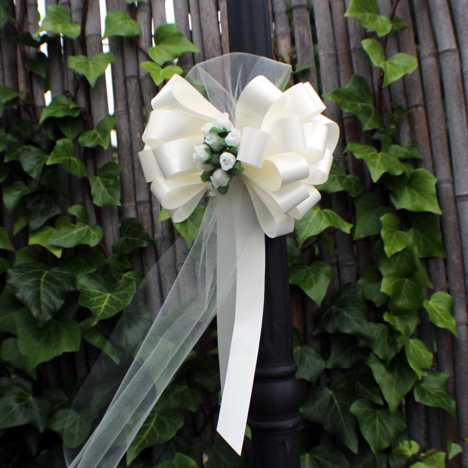 6 Ivory Pull Pew Bows Tulle Rosebuds Wedding Church Ceremony 9026