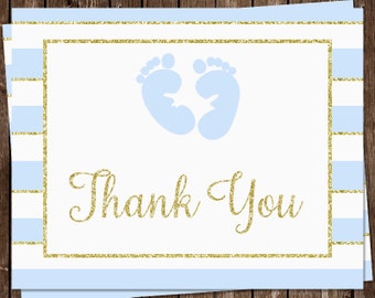 Glitter, Baby Shower, Thank You Cards, Footprints, Blue, Sky Aqua, Traditional, Gold, Glitter, 24 Folding Notes, FREE Shipping, ITBOY