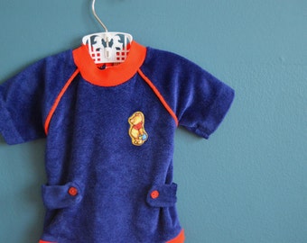 Reserved for Ellice- Vintage 1980s Newborn Baby's Navy Blue Velour Winnie the Pooh Onesie