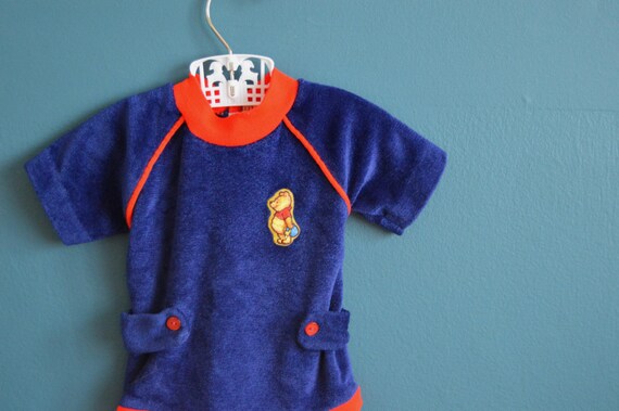 Reserved for Ellice- Vintage 1980s Newborn Baby's Navy Blue Velour Winnie the Pooh Onesie