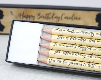 Jane Austen Gifts - Personalised Pride and Prejudice Pencil Set - Pride and Prejudice quote pencils - Gifts for book lovers - Darcy