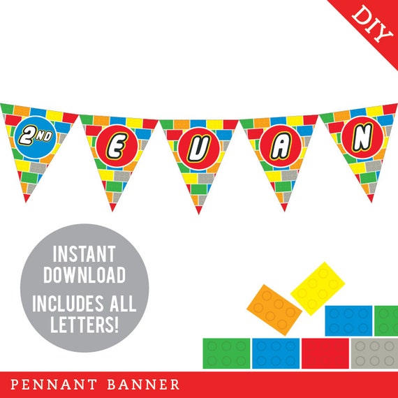 INSTANT DOWNLOAD Building Bricks Party - DIY printable pennant banner - Includes all letters, plus ages 1-18 Il_570xn