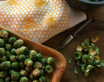 Tea Towel - Organic Linen Kitchen Towel - Honeycomb - Hand Screen Printed Dish Towel