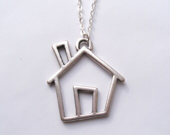 Silver House Necklace, Large House, Statement Necklace, Long Necklace, House Pendant, Crooked House, Matte Silver