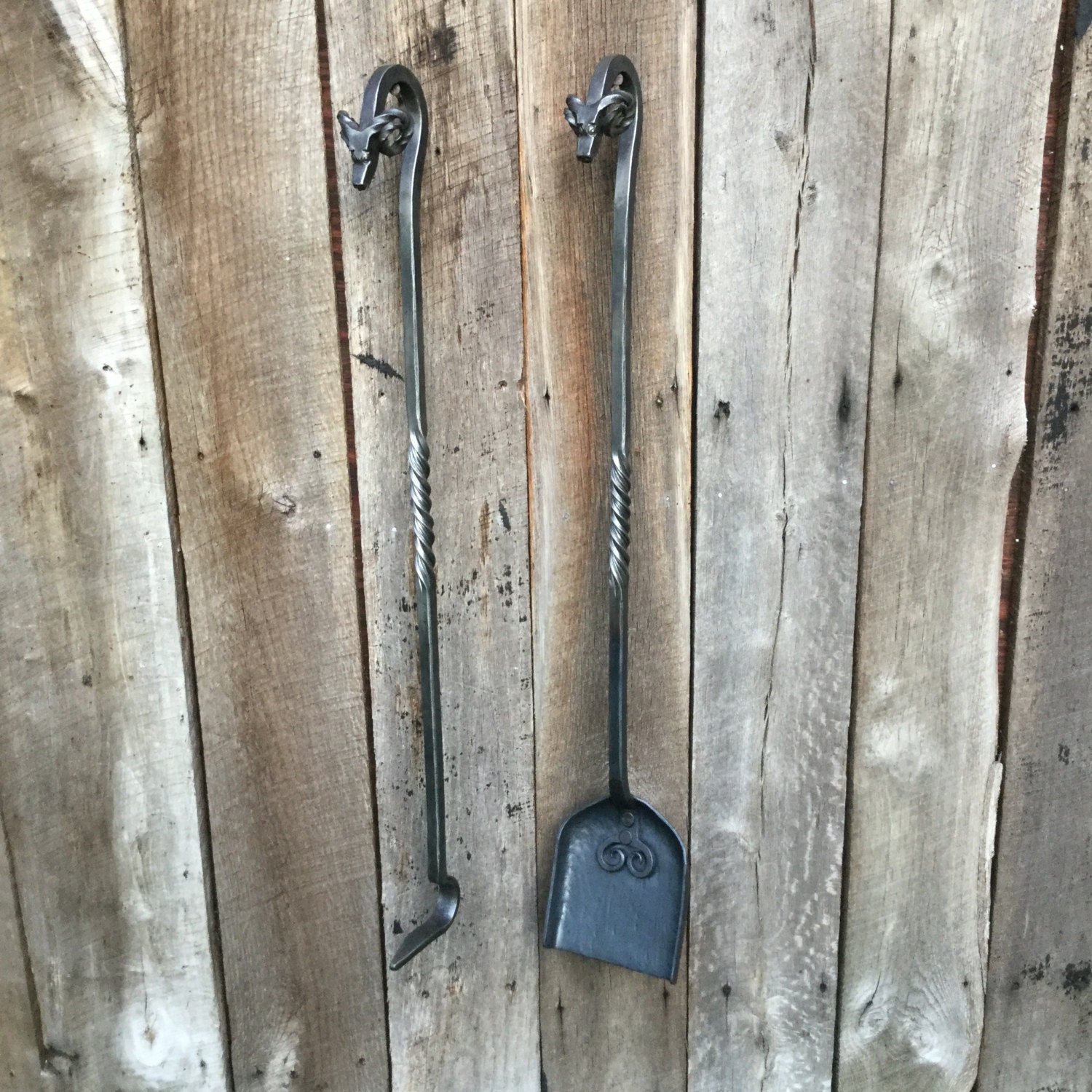 Hand fire poker Rams head fireplace set with incised