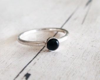 Black onyx ring, black gemstone ring, tiny black onyx ring, stacking silver ring, round black onyx ring, stackable ring