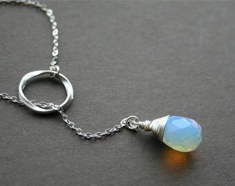 Opalite Moonstone Necklace, Lariat Necklace with silver circle, Sterling Silver, Opal Necklace, Gift for Her, Everyday Necklace