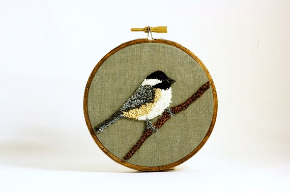 Black-Capped Chickadee Punchneedle Embroidery Hoop Wall Art 4 Inch Hoop. Nature Decor. Fiber Art. Home Decor. Bird Art. Green, Gray, Brown