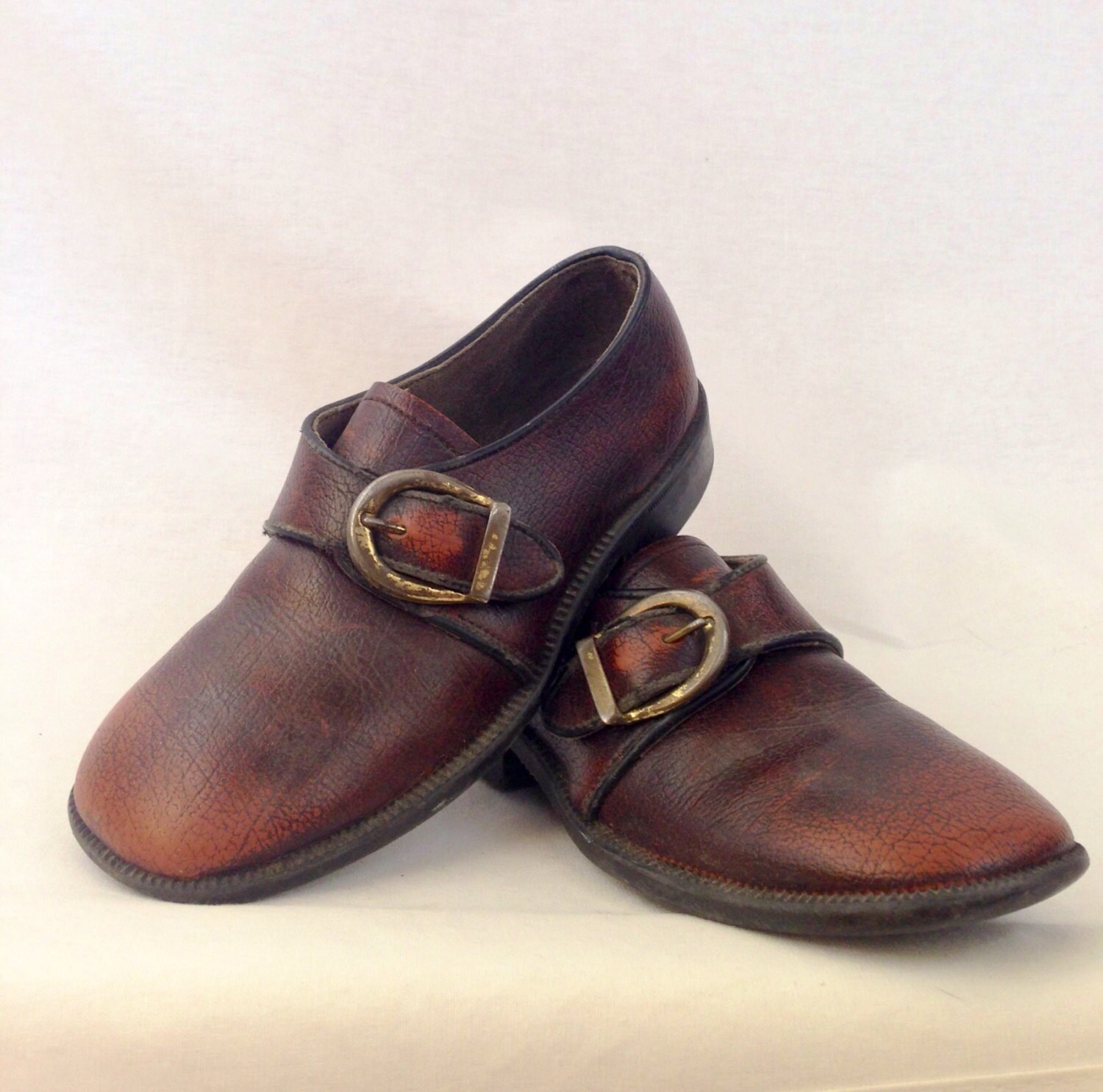 Vintage Leather Shoes 50s Boys Buckle Boots Colonial Costume
