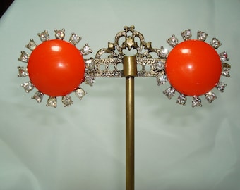 1960s Large Tangerine Orange Earrings with a Rhinestone Border.