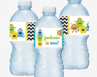 Little Monster Water Bottle Labels, Monster Birthday Party Decorations, First Birthday, Bottle Wraps, Monster Labels, Chevron