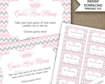 Guess how many diapers in the diaper cake, guess how many candies, girl baby shower game pink crown princess instant download