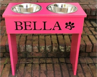 Large elevated Dog Bowl Stand - 18 inches Tall - Two 3 Quart Bowls shabby farmhouse personalize with your pets name and Heart or Paw Print