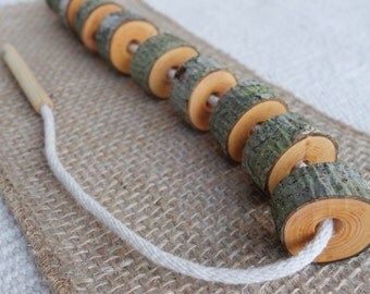 Wooden lacing toy, Tree slice toy, Montessori practical life, Toddler gift 9 piece set, Waldorf toy