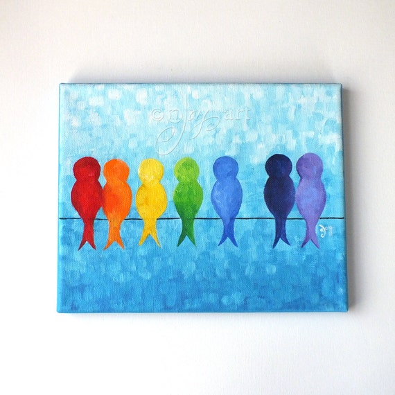 Catch a Rainbow - Birds on a Wire, 8"x10" acrylic canvas wall art.