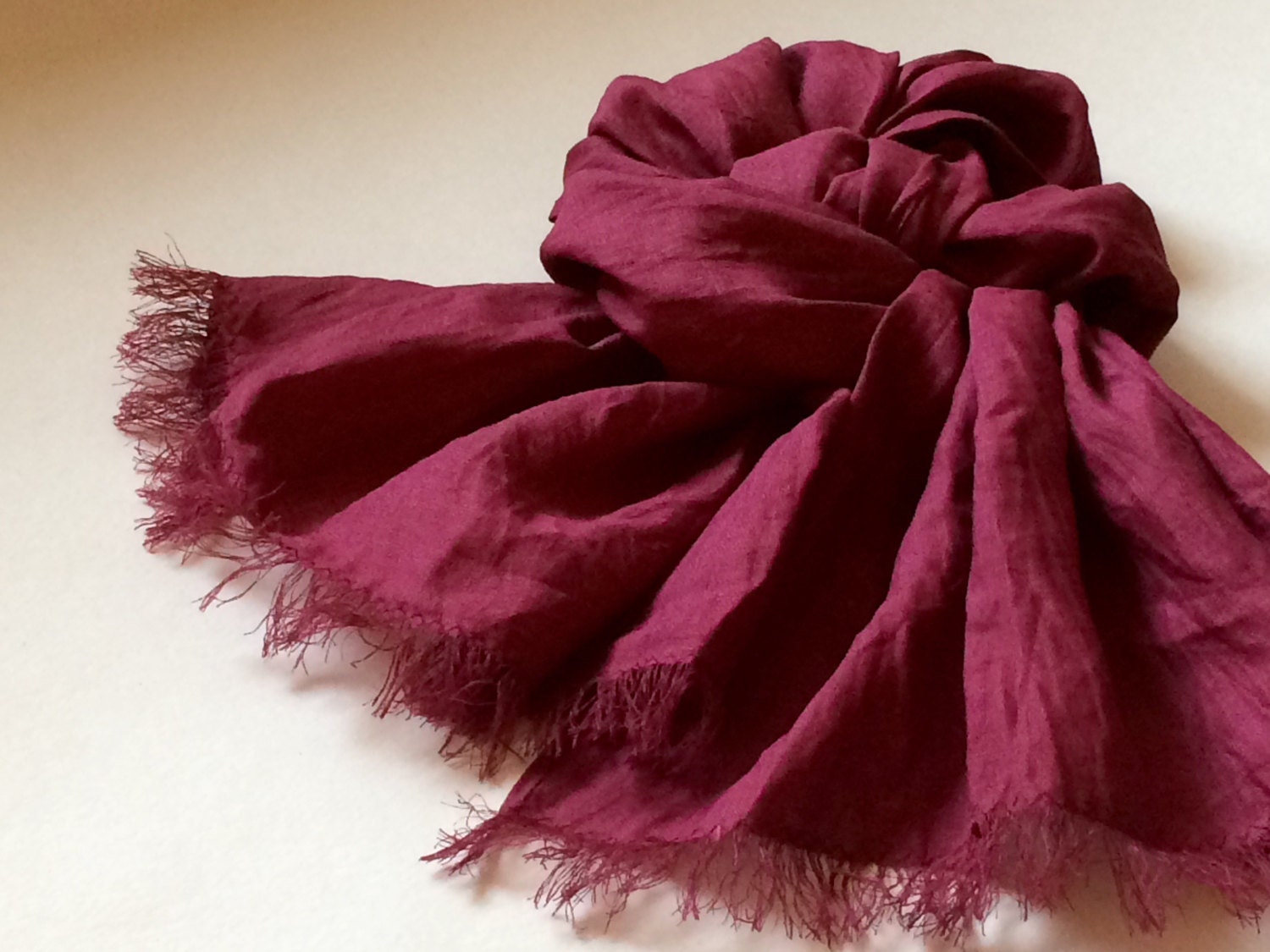 Wine red linen scarf pure linen washed frayed shawl soft