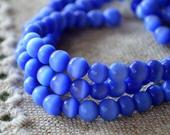 50 Cat's Eye Glass 8mm Blue Round Beads Fiber Optic 16" Strand
